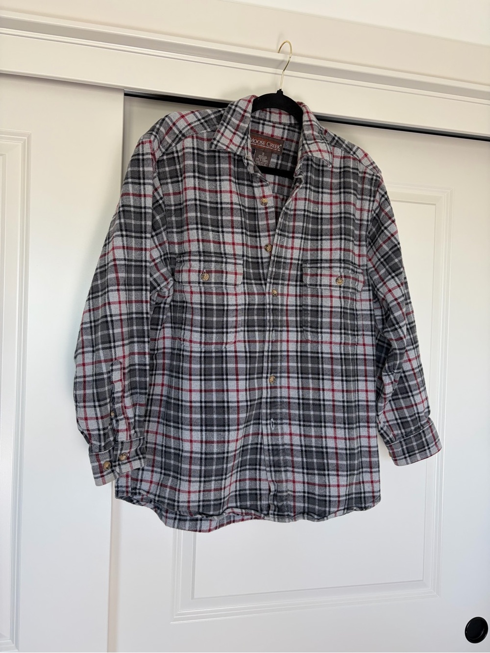 Men's Plaid Button-Down Shirt in Gray with Red Trim 100% Cotton